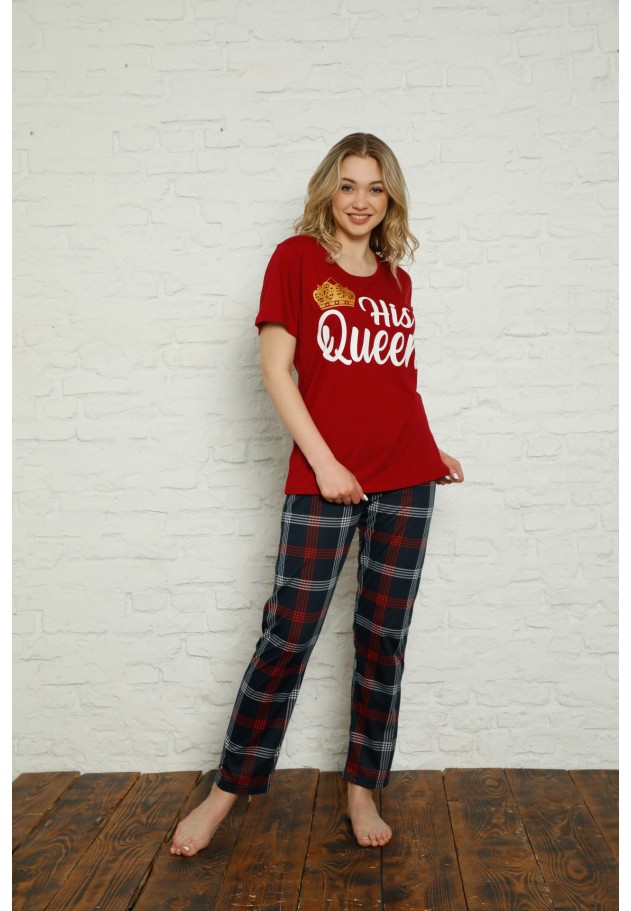 Pijama dama din bumbac, tricou cu imprimeu ,,His Queen'' și pantaloni lungi asortați