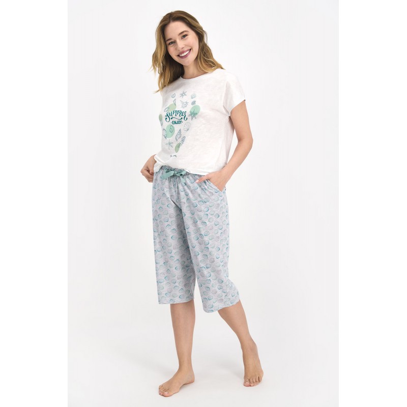 Pijama dama, bluza cu maneca scurta, imprimeu Summer Enjoy si pantaloni 3/4 cu elastic in talie