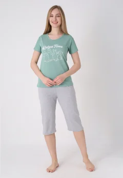 Pijama damă cu model de Paște, verde – tricou bumbac și pantaloni 3/4