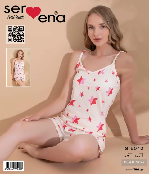 Pijama damă, 100% bumbac, maiou și short, imprimeu stele