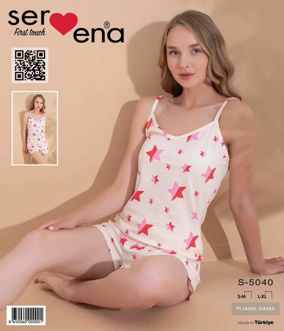 Pijama damă, 100% bumbac, maiou și short, imprimeu stele