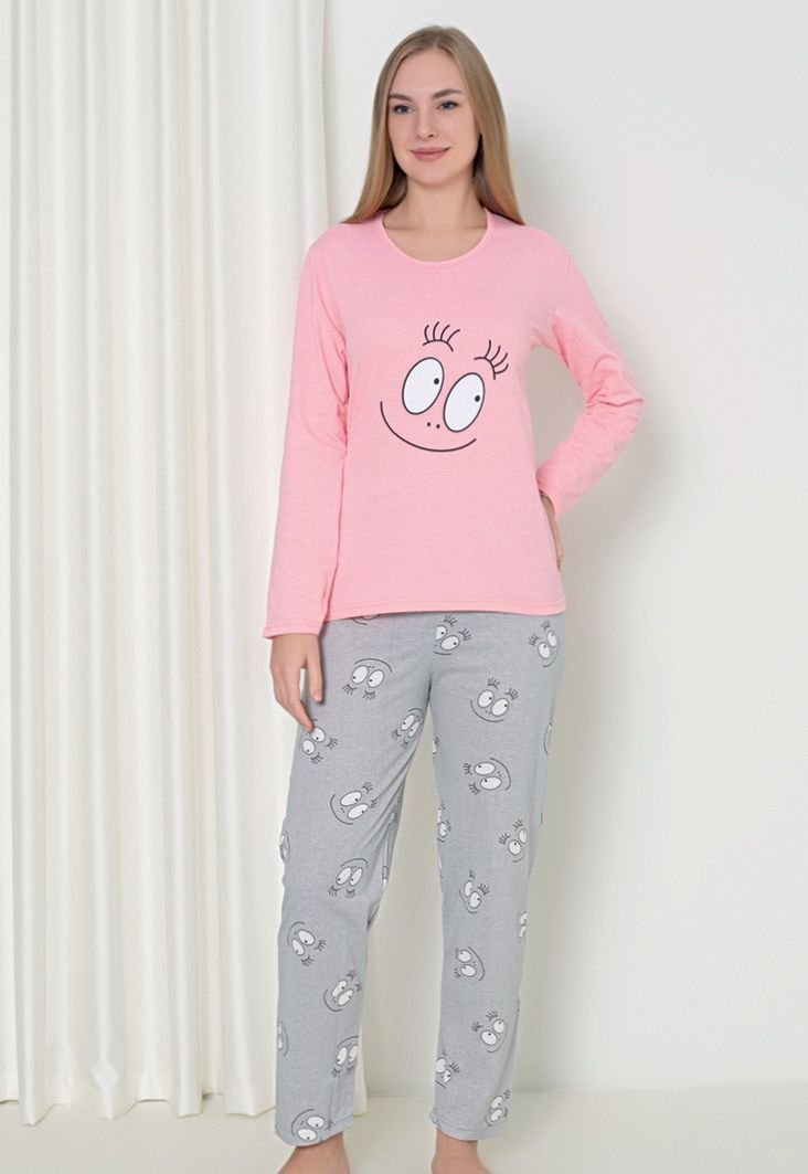 Pijama damă cu mânecă lungă și pantaloni lungi, imprimeu ,,Happy Face'', culoare roz