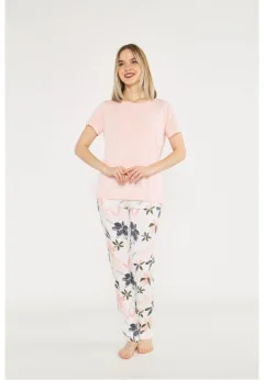 Pijama damă, bluză cu mânecă scurtă și decolteu rotund, pantaloni lungi cu imprimeu floral, culoare crem