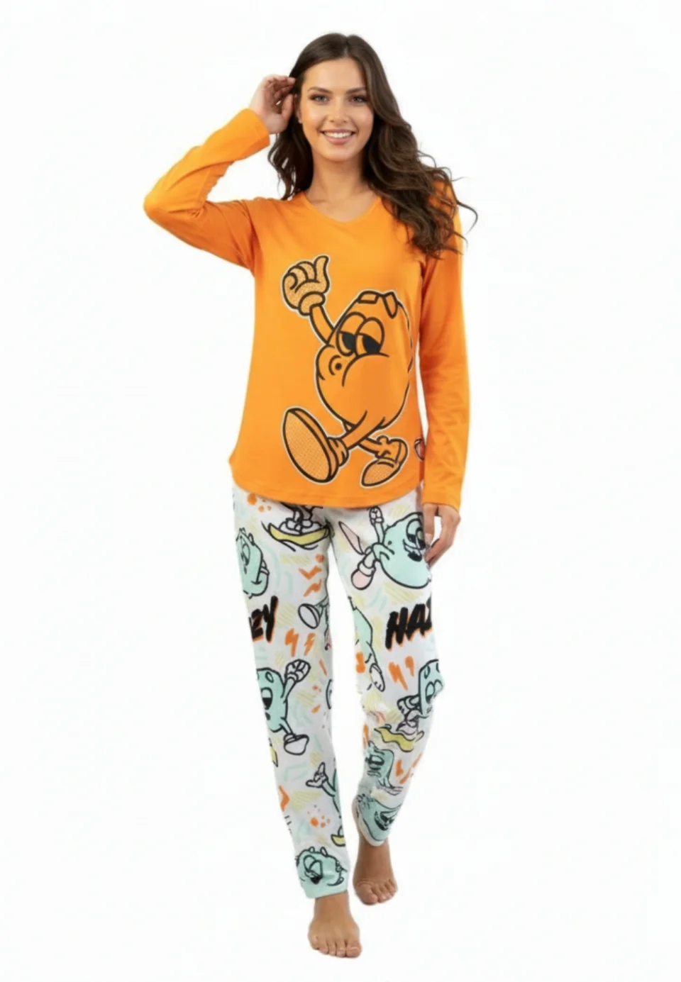 Pijamale damă cu mânecă lungă și pantaloni lungi, imprimeu Thumbs Up, portocaliu