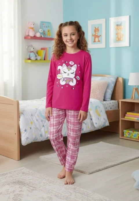 Pijama Fete, Mânecă Lungă, Pantaloni Lungi, Imprimeu Pisicuta, Roz