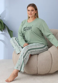 Pijama damă big size verde, imprimeu Awesome, 100% bumbac