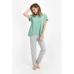 Pijama dama bumbac, bluza maneca scurta cu imprimeu scoici si pantaloni lungi, verde