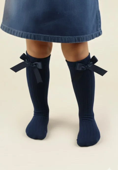 Șosete fetițe 3/4, bumbac, cu fundiță decorativă- culoare bleumarin