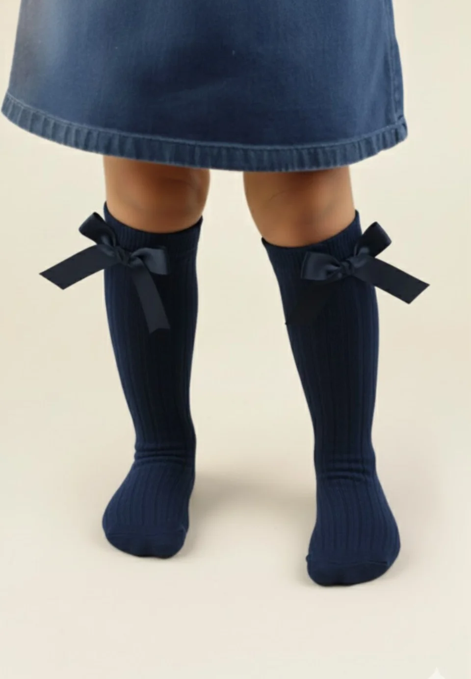 Șosete fetițe 3/4, bumbac, cu fundiță decorativă- culoare bleumarin