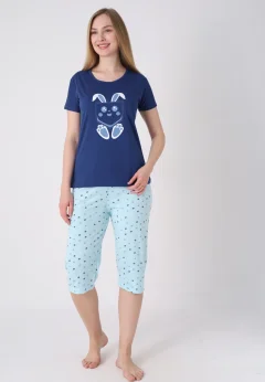 Pijama damă cu model de Paște, albastru – tricou bumbac și pantaloni 3/4