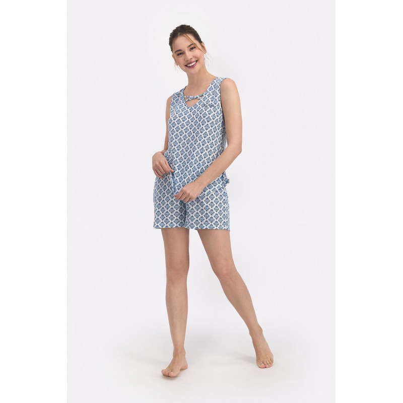 Pijama Dama– Bluza cu Bretele și Pantaloni Scurți cu Elastic în Talie, Imprimeu Floricele