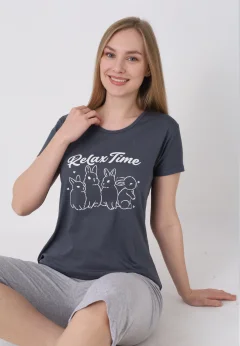 Pijama damă cu model de Paște, roz – tricou bumbac și pantaloni 3/4 (Kopya)