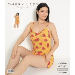 Pijama damă, 100% bumbac, maiou și short, imprimeu pepene, galben