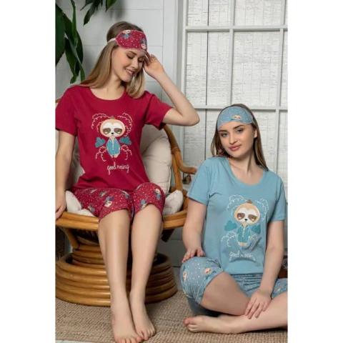 Pijama dama din bumbac, tricou rosu cu imprimeu "Good Morning" si pantaloni 3/4, masca de dormit asortata, albastru