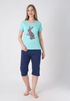 Pijama damă cu model de Paște, verde – tricou bumbac și pantaloni 3/4