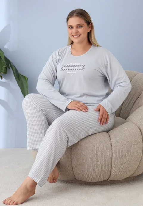 Pijama damă big size albastru deschis, imprimeu Leave a little, 100% bumbac