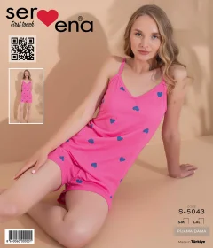 Pijama damă, 100% bumbac, maiou și short, imprimeu inimi