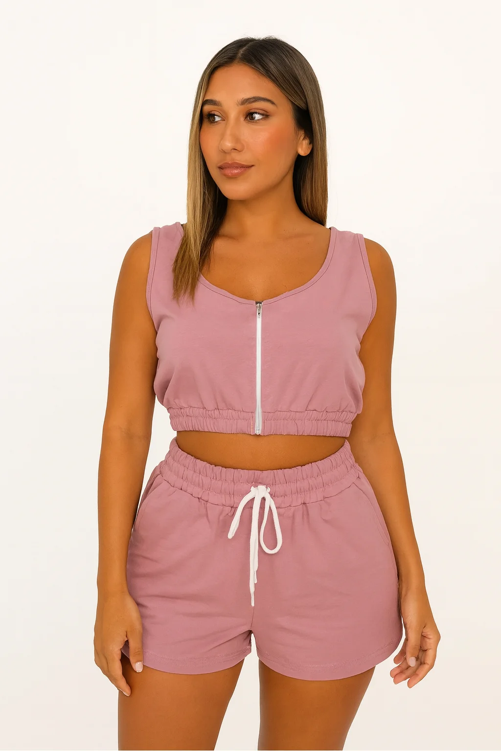 Compleu damă casual – set top scurt și pantaloni scurți, culoare roz