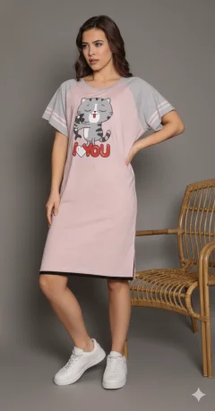 Rochie casual damă cu mânecă scurtă, până la genunchi, imprimeu I Love You, roz