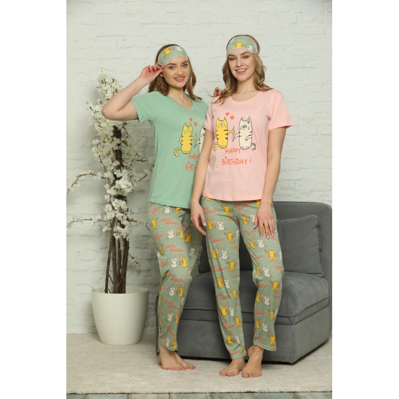 Pijama Dama din Bumbac – Set cu Tricou și Pantaloni Lungi si Masca de Dormit, imprimeu Happy Birthday, roz