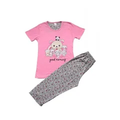 Pijama dama din bumbac, colecția nouă, tricou roz inchis cu imprimeu „Good morning” și pantaloni 3/4 asortați