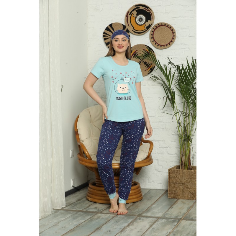 Pijama pentru dama, maneca scurta, pantaloni lungi cu imprimeu Stars - Set de Primăvară