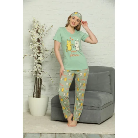 Pijama Dama din Bumbac – Set cu Tricou și Pantaloni Lungi si Masca de Dormit, imprimeu Happy Birthday, verde