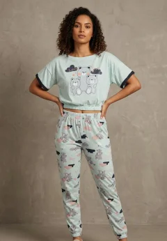 Pijama damă, cu mânecă scurtă  și pantaloni lungi din bumbac, imprimeu ,,Love You''