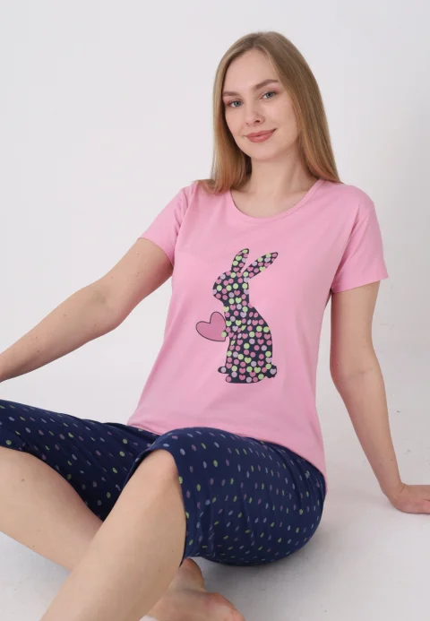 Pijama damă cu model de Paște, roz deschis – tricou bumbac și pantaloni 3/4