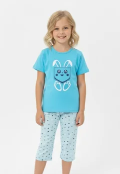 Pijama fete Paște, albastru – tricou bumbac 100% și pantaloni