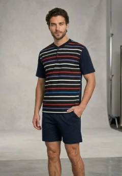 Pijama Bărbați Lindros Negru – Imprimeu Dungi – Mânecă Scurtă și Pantaloni Scurți