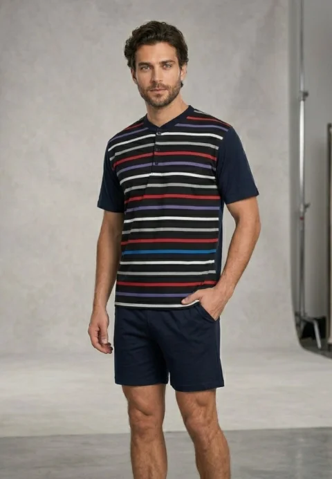 Pijama Bărbați Lindros Negru – Imprimeu Dungi – Mânecă Scurtă și Pantaloni Scurți