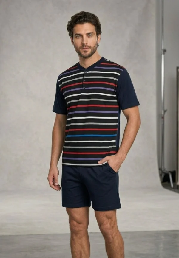 Pijama Bărbați Lindros Negru – Imprimeu Dungi – Mânecă Scurtă și Pantaloni Scurți