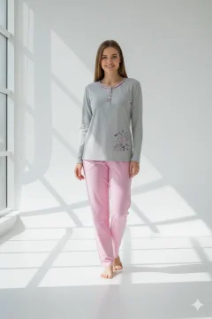 Pijama damă  din bumbac mânecă lungă și pantaloni lungi gri cu  floare