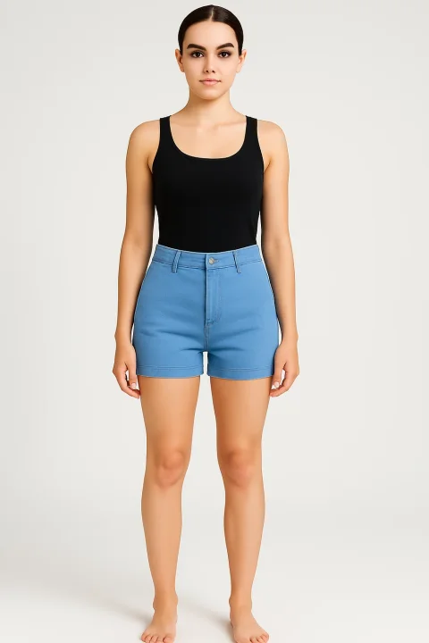 Blugi scurți damă de vară – elastici, mulați, cu buzunare la spate-albastru deschis