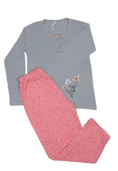 Pijama damă  din bumbac mânecă lungă și pantaloni lungi roz cu gri