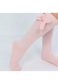 Șosete fetițe 3/4, bumbac, cu fundiță decorativă- culoare roz
