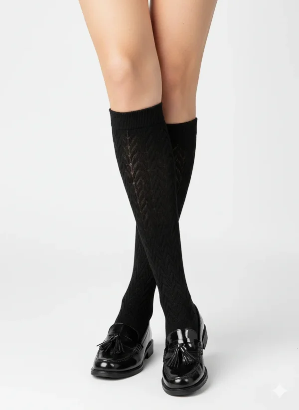 Șosete Penti damă Twisty 60 DEN, negre, până la genunchi, model împletit