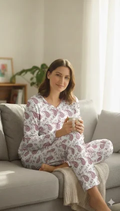 Pijama damă iarnă mărimi mari – albă cu imprimeu flori bordo