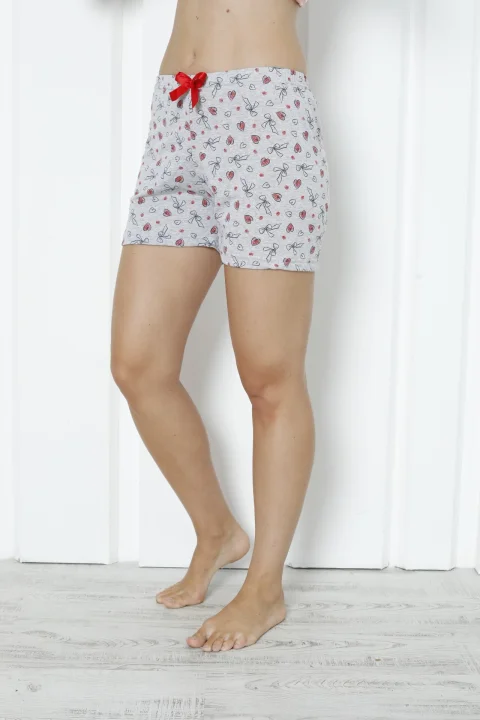 Short damă pijama din bumbac, gri, imprimeu inimi roșii