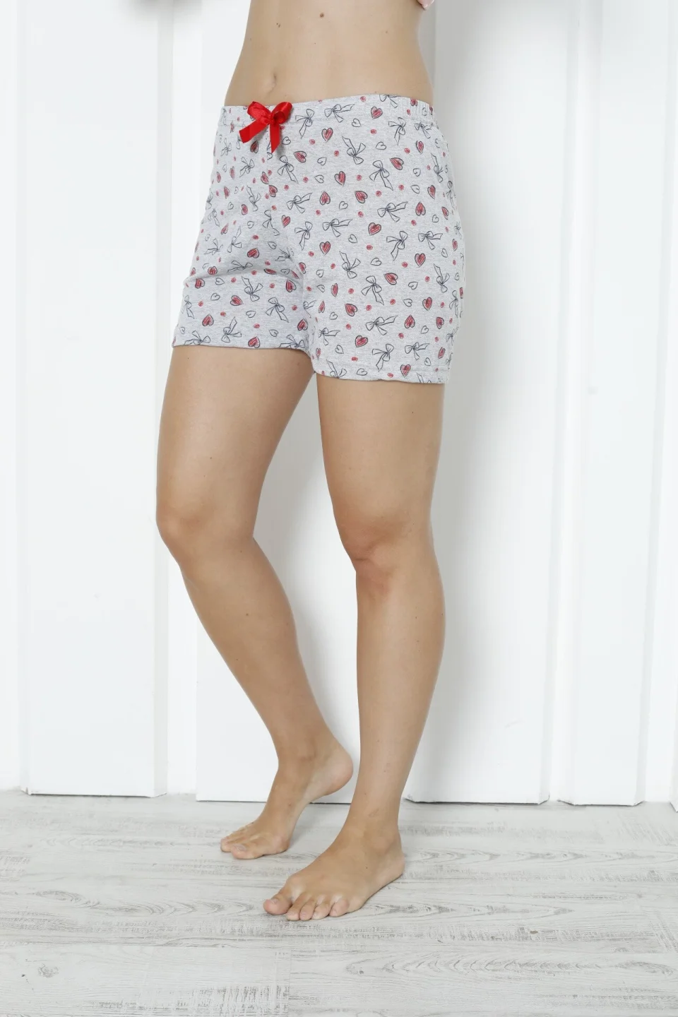 Short damă pijama din bumbac, gri, imprimeu inimi roșii