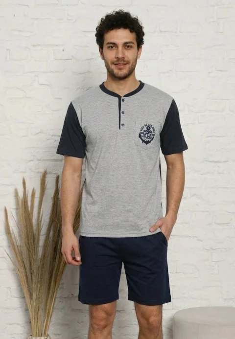 Pijama Bărbați Lindros Gri – Imprimeu Punctulețe – Buzunar King of the Sea