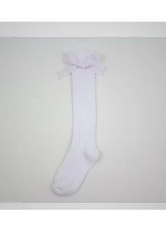 Șosete fetițe 3/4, bumbac, cu fundiță decorativă- culoare alb
