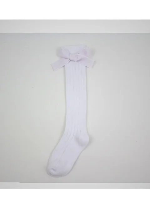 Șosete fetițe 3/4, bumbac, cu fundiță decorativă- culoare alb