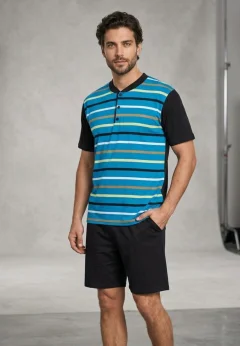 Pijama Bărbați Albastru – Imprimeu Dungi – Mânecă Scurtă și Pantaloni Scurți