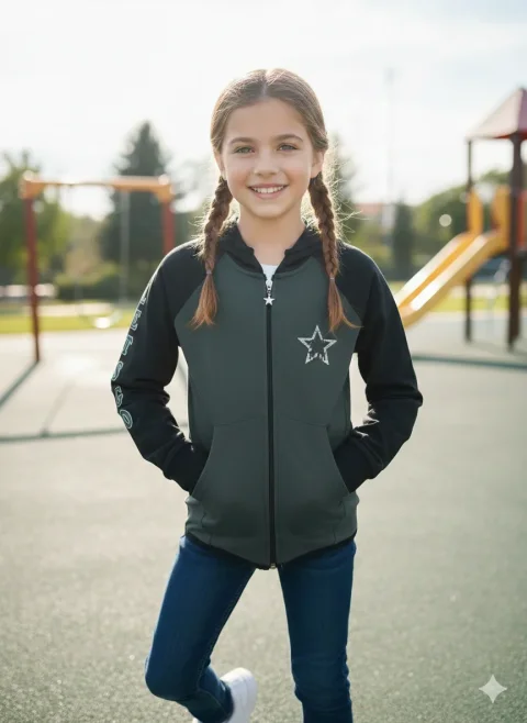 Hanorac copii fetițe gri închis imprimeu steluta „Girls Team”