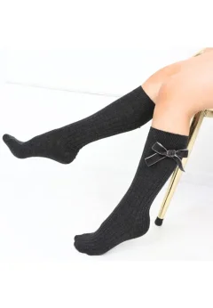 Șosete fetițe 3/4, bumbac, cu fundiță decorativă- culoare gri