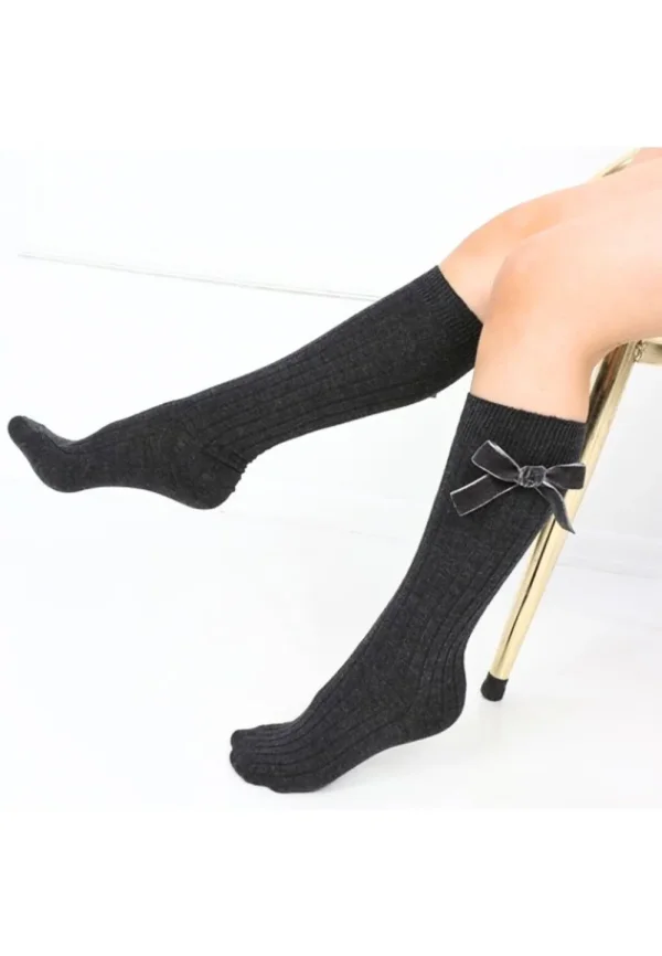 Șosete fetițe 3/4, bumbac, cu fundiță decorativă- culoare gri