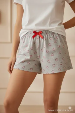 Short damă pijama din bumbac, gri, imprimeu inimi portocalii
