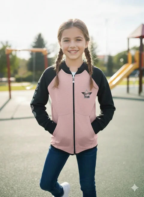 Hanorac copii fetițe roz pal și imprimeu steluta „Girls Team”